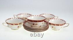 Vintage Set Of 5 Royal Worcester Georgian Red China Cream Soup Bowls & Saucers